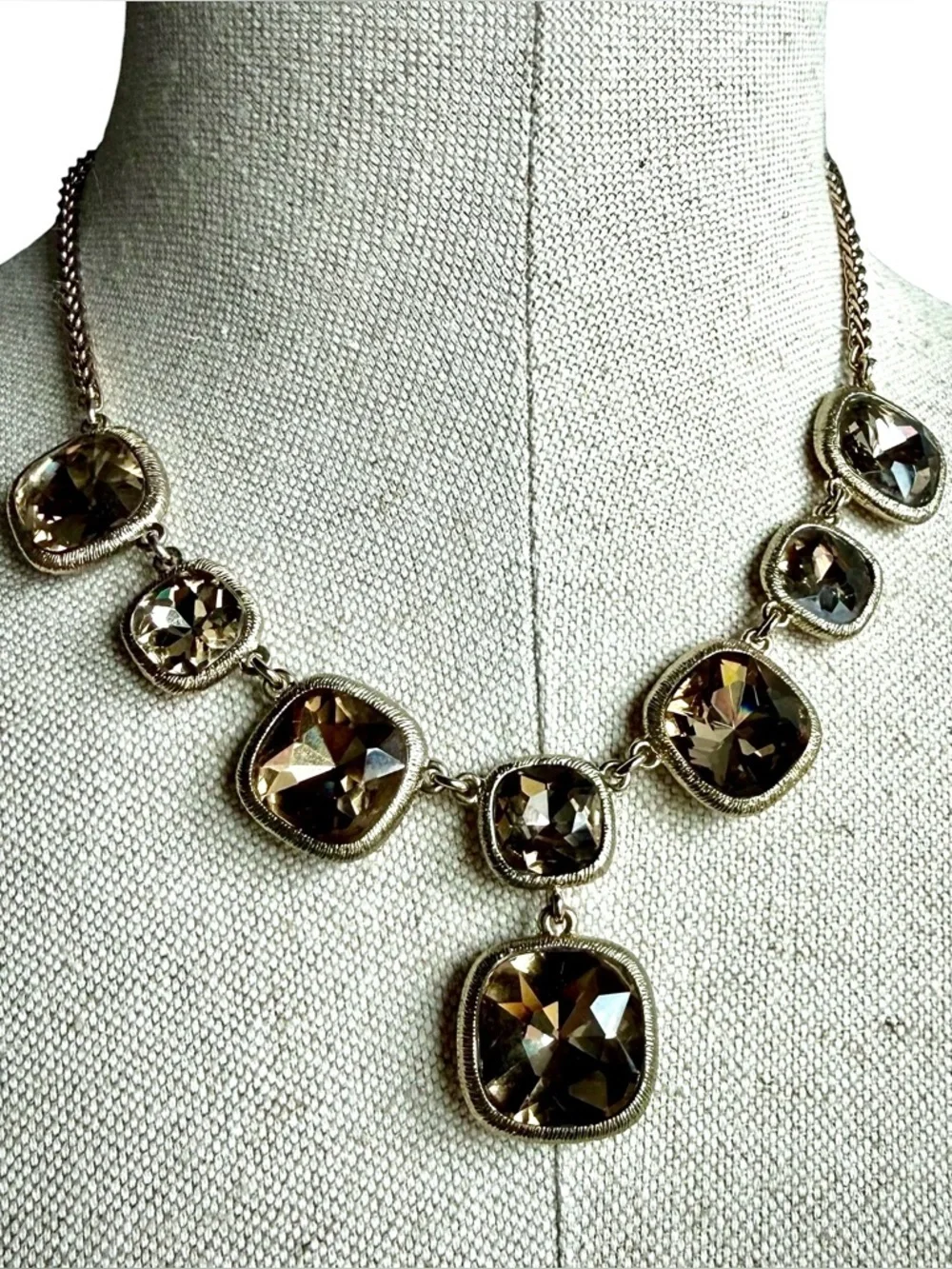 MONET Smoky Crystal Statement Necklace Gold Tone Signed Bib Designer